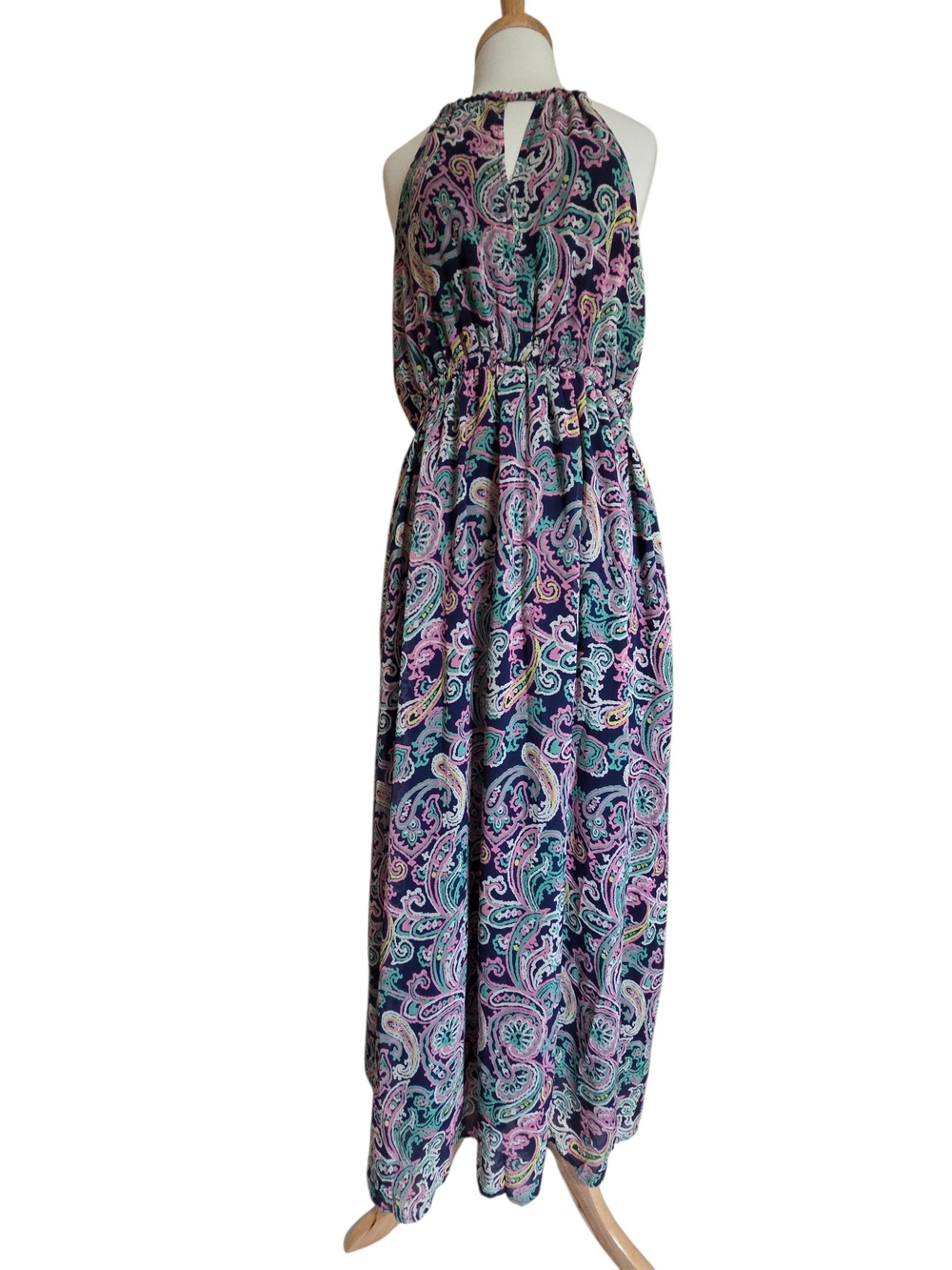 Navy & Pink Paisley Halter Maxi Dress